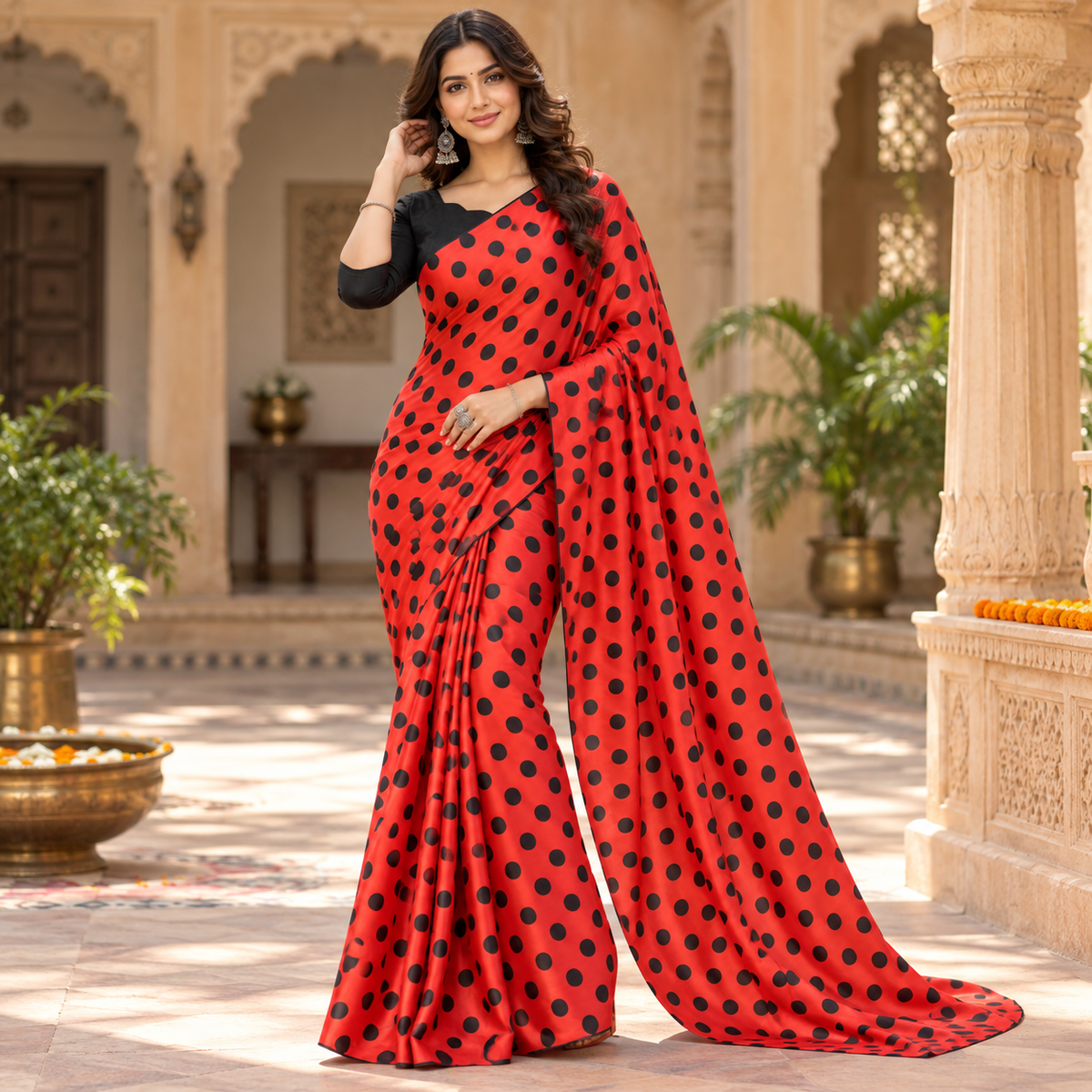 Satin Silk Printed Saree With Unstitched Blouse(Red)
