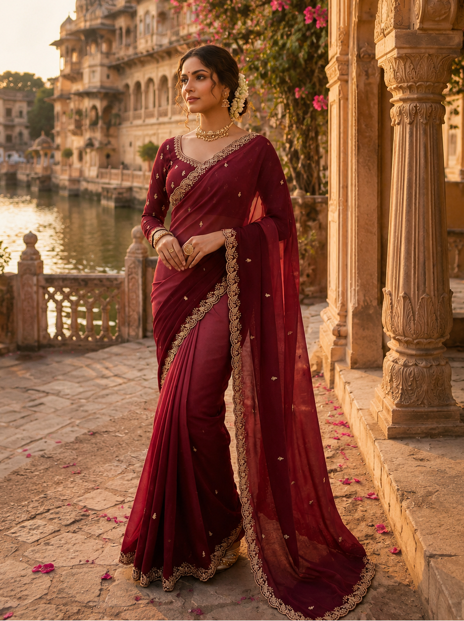 Georgette Border Work Saree With Unstitched Blouse(Red)