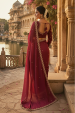 Load image into Gallery viewer, Georgette Border Work Saree With Unstitched Blouse(Red)
