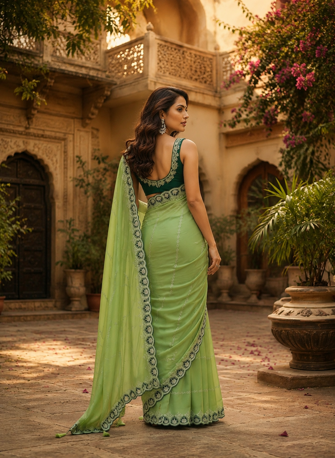 Designer Georgette Saree With Unstitched Blouse(Green)