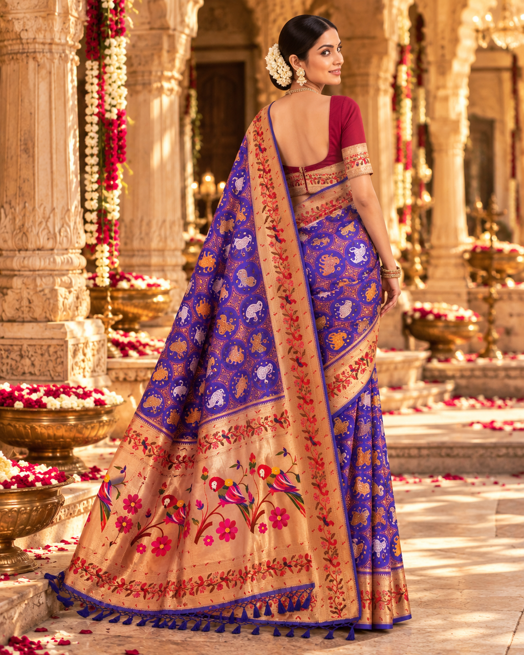 Pure Patola Paithani Silk Golden Zari Border Saree With Unstitched Blouse(Purple)