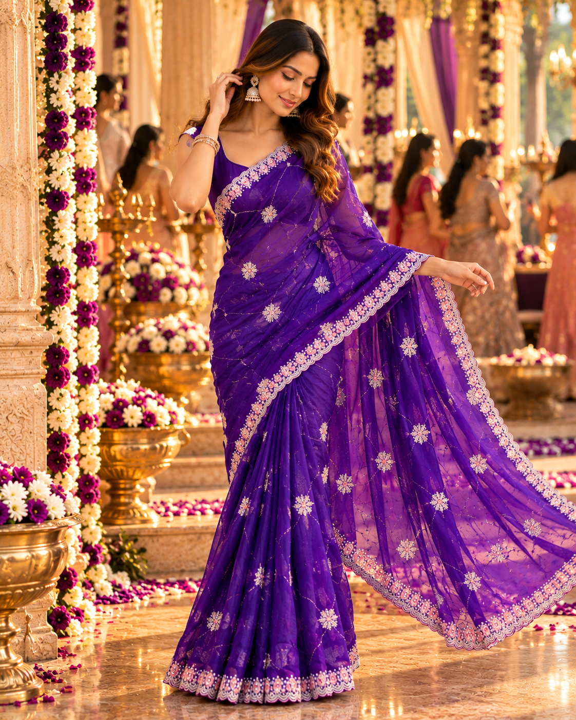 Pure Space Silk Embroidery Work Saree With Unstitched Blouse(Purple)