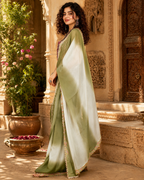 Georgette Embroidery Lace Work Saree With Unstitched Blouse(Green)