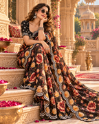 Premium Georgette Floral Print Saree With Unstitched Blouse(Black)