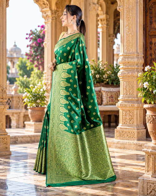 Banarasi Silk Golden Zari Border Work Saree With Unstitched Blouse(Green)