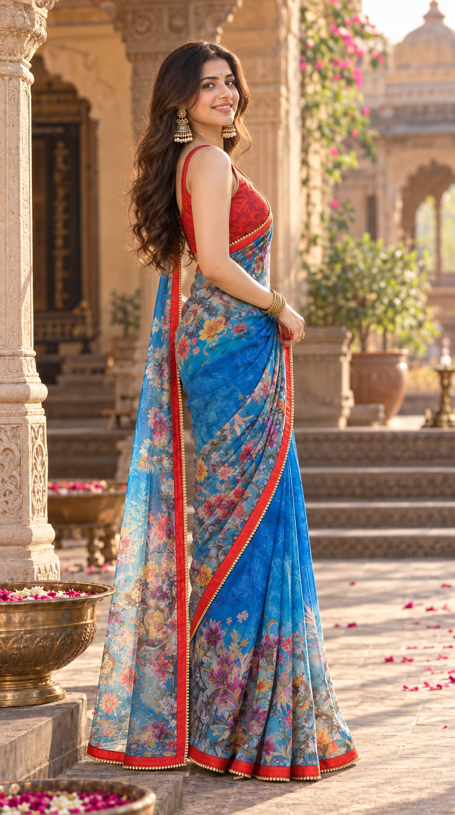 Georgette Digital Printed Saree With Unstitched Blouse(Blue)
