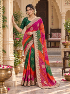 Georgette Bandhani Bhej Print Saree With Unstitched Blouse(Multicolor)