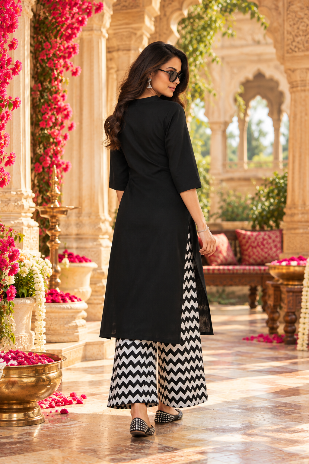 Vichitra Silk Kurti Pant Two Piece Set(Black)