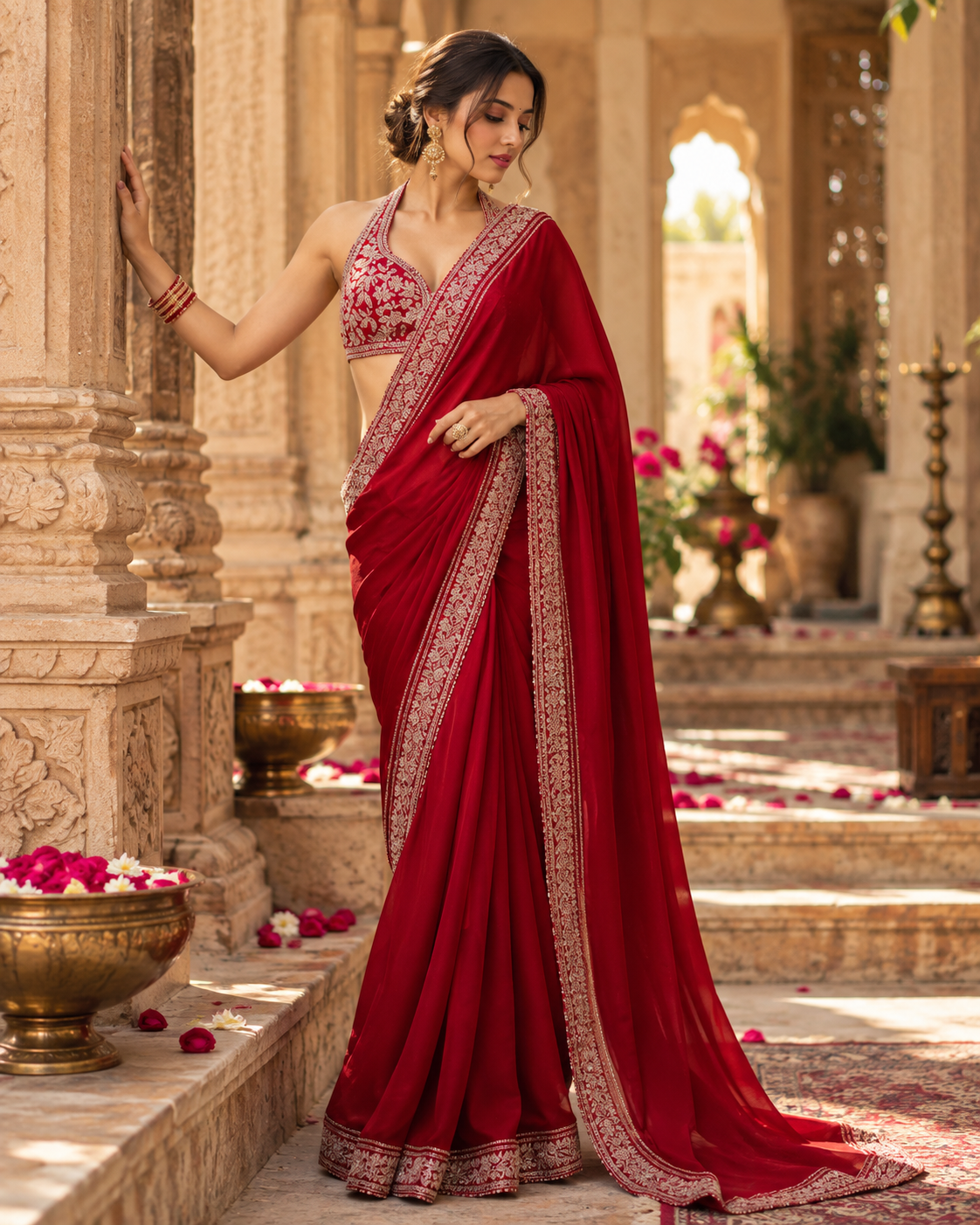 Rangoli Silk Embroidery Work Saree With Unstitched Blouse(Red)