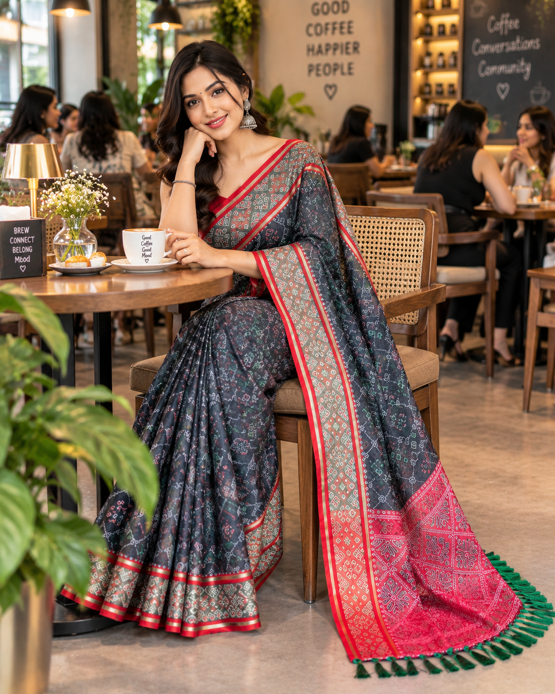 Premium Soft Silk Rangeen Patola Meenakari Saree With Unstitched Blouse (Black)