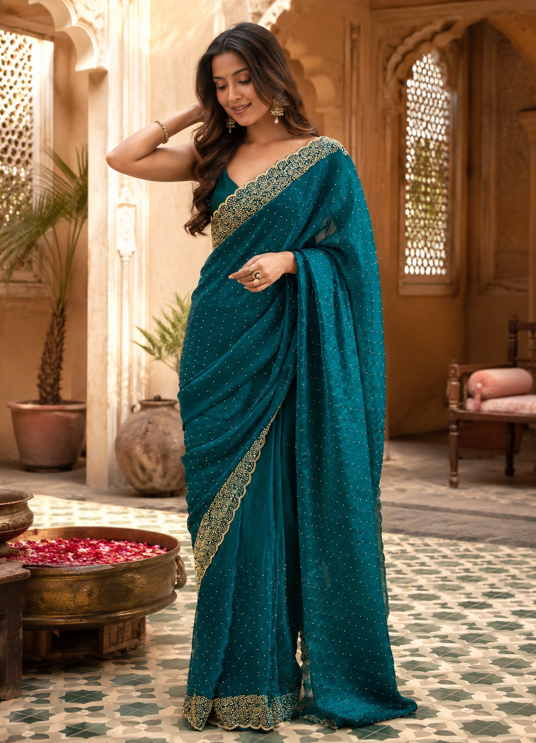 Soft Space Silk Diamond Lace Border Saree With Unstitched Blouse(Green)