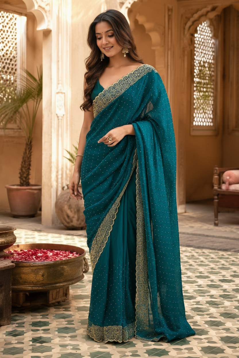 Soft Space Silk Diamond Lace Border Saree With Unstitched Blouse(Green)