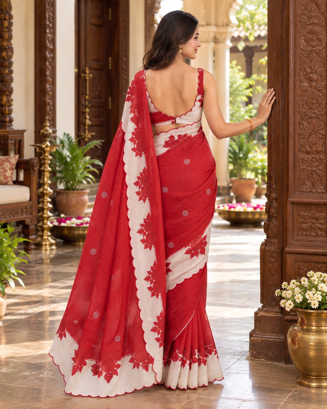 Premium Linen Digital Print Cut work border Saree With Ustitched Blouse (Red)