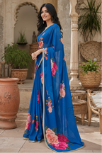 Georgette Floral Printed Saree With Unstitched Blouse(Blue)