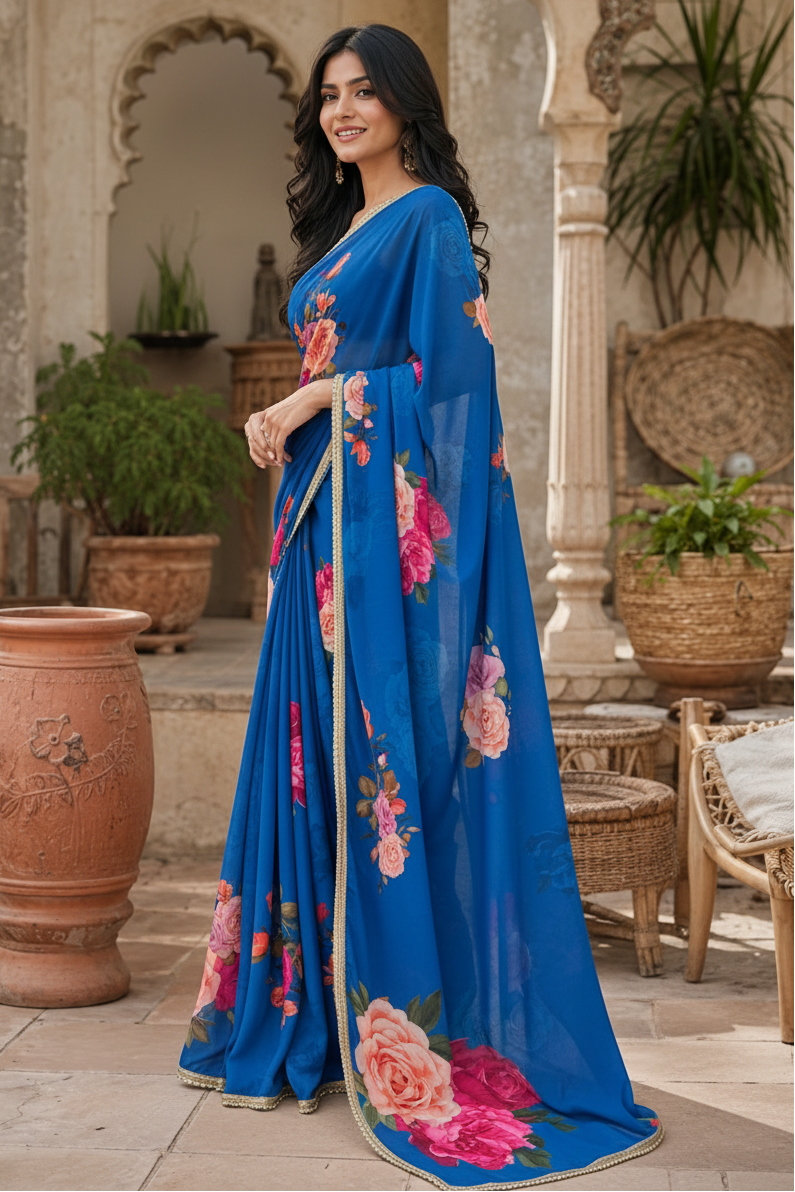 Georgette Floral Printed Saree With Unstitched Blouse(Blue)
