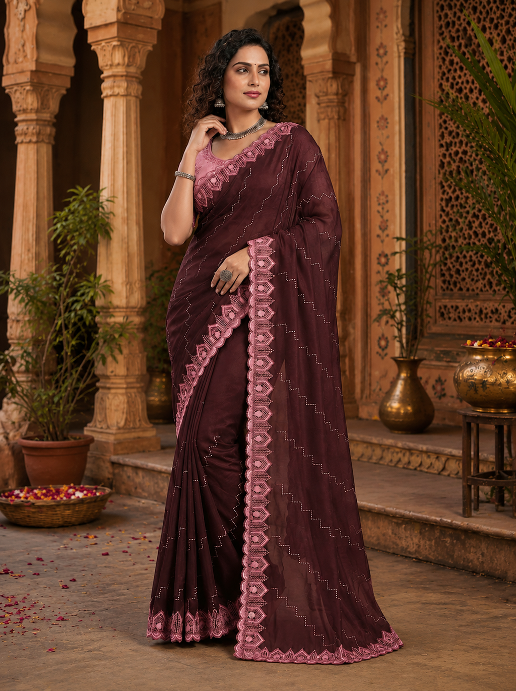 Organza Silk Saree With Unstitched Blouse(Tyrian Purple)