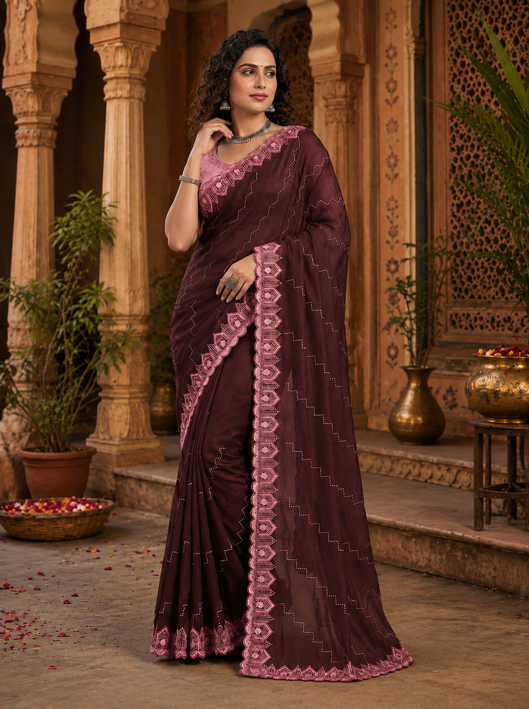 Organza Silk Saree With Unstitched Blouse(Tyrian Purple)
