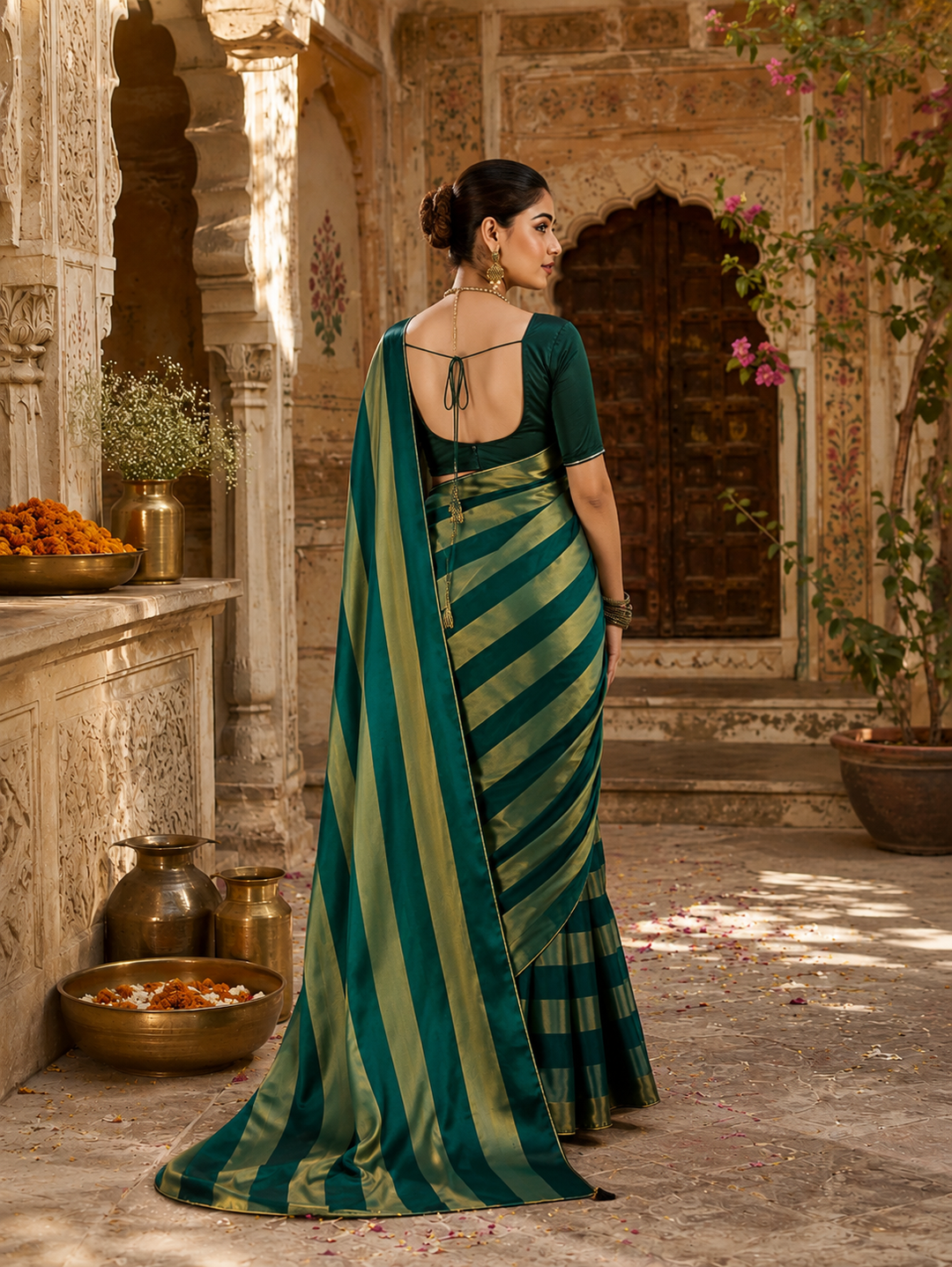 Satin Silk Saree With Unstitched Blouse(Green)