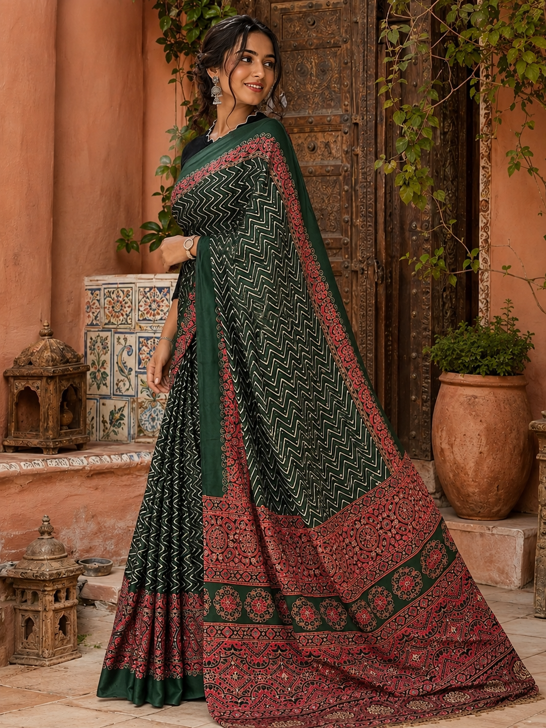 Premium Satin Silk Ajrarakh Print Saree With Unstitched Blouse(Bottle Green)