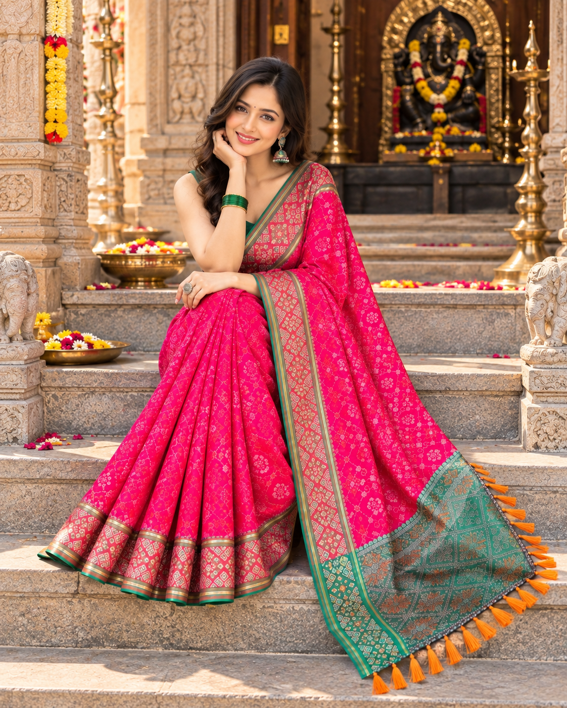 Premium Soft Silk Rangeen Patola Meenakari Saree With Unstitched Blouse (Pink)