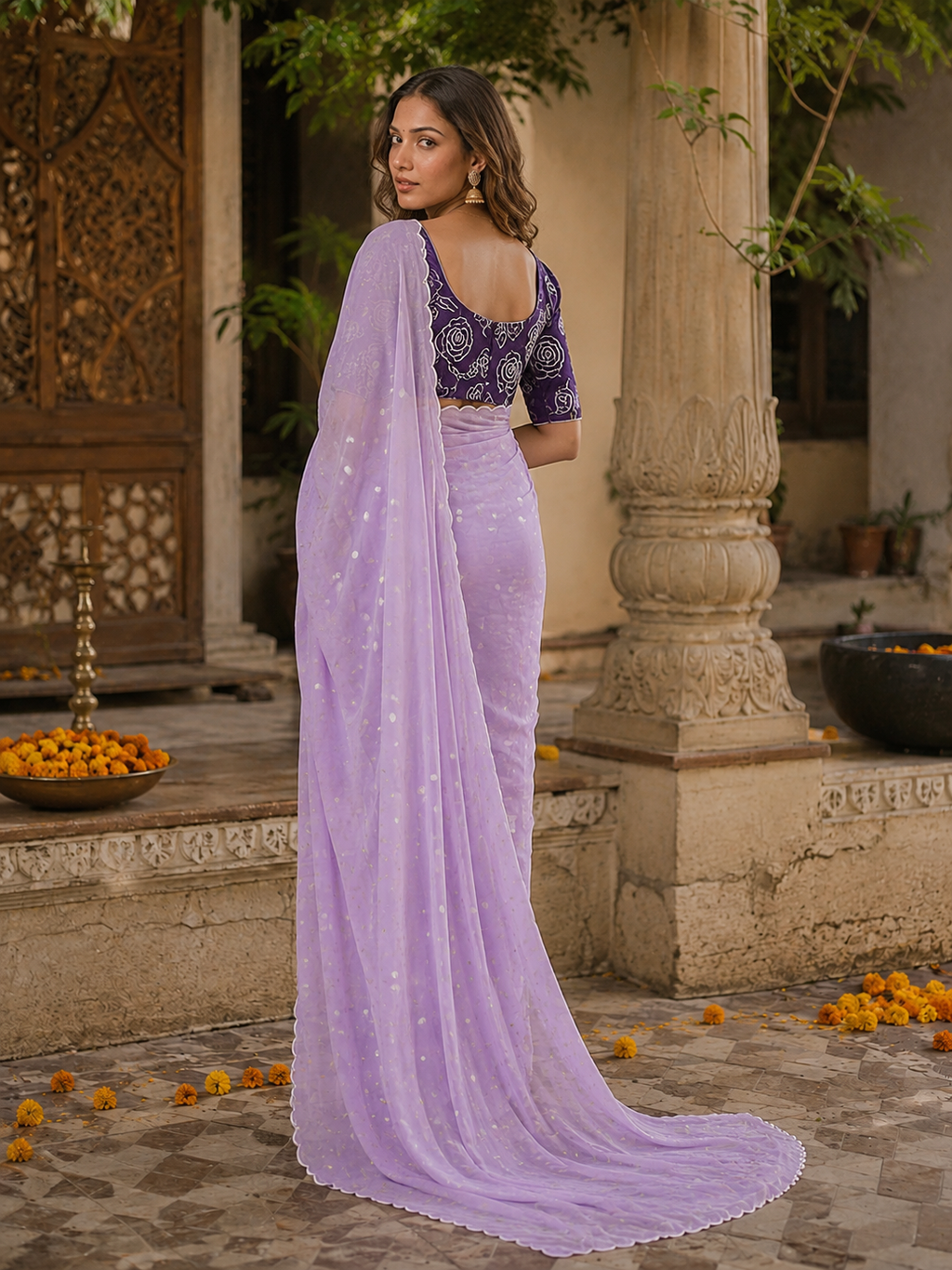 Georgette Embroidery Work Saree with Unstitched Blouse(Violet)