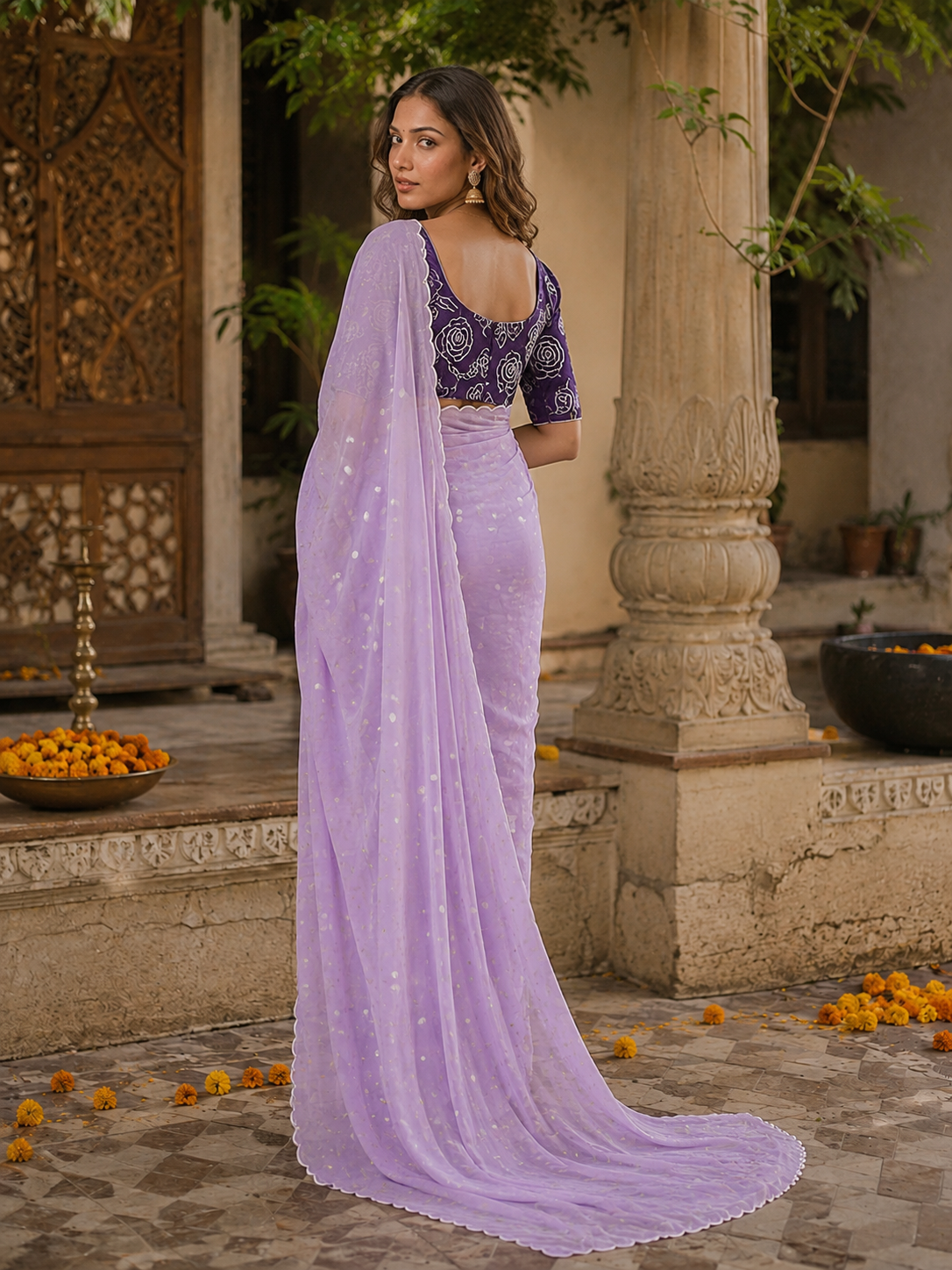 Georgette Embroidery Work Saree with Unstitched Blouse(Violet)