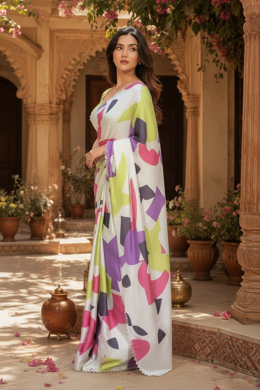 Silk Printed Saree With Unstitched Blouse(Multicolor)