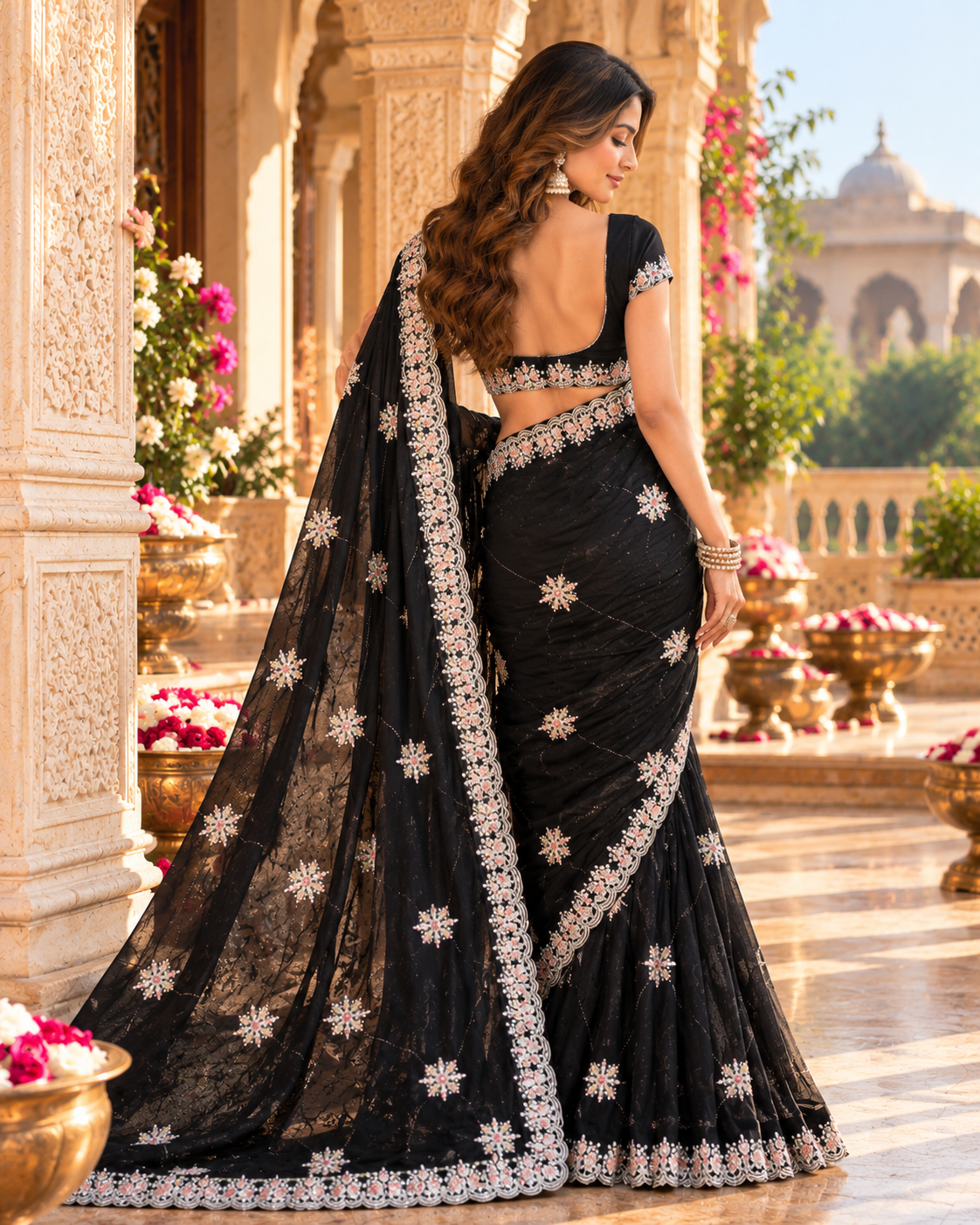 Pure Space Silk Embroidery Work Saree With Unstitched Blouse(Black)