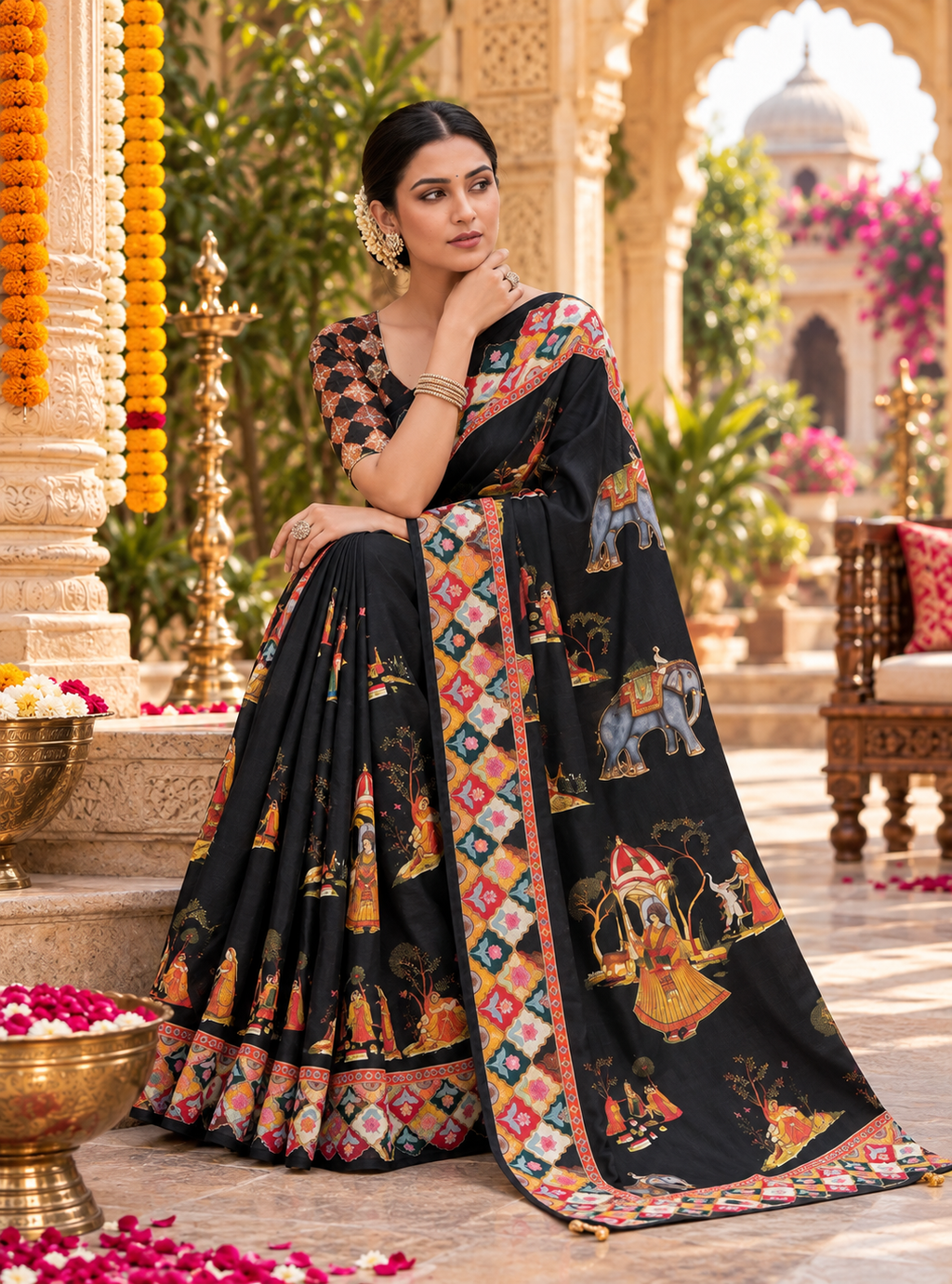Satin Silk Pichwai Print Saree With Unstitched Blouse(Black)