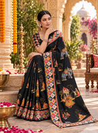 Satin Silk Pichwai Print Saree With Unstitched Blouse(Black)