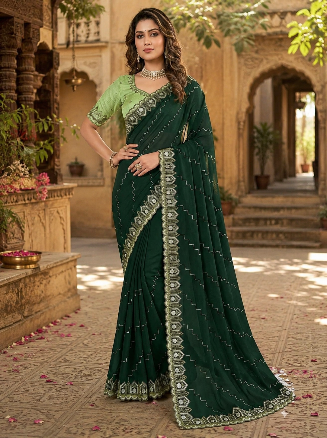 Organza Silk Saree With Unstitched Blouse(Green)