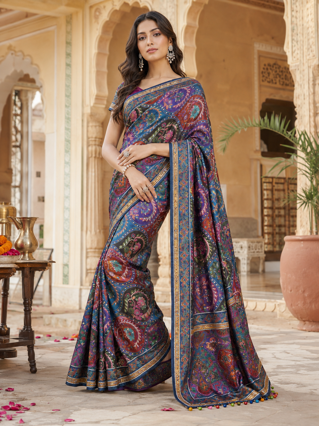 Modal Crepe Silk Mirror Work Saree With Unstitched Blouse(Purple)