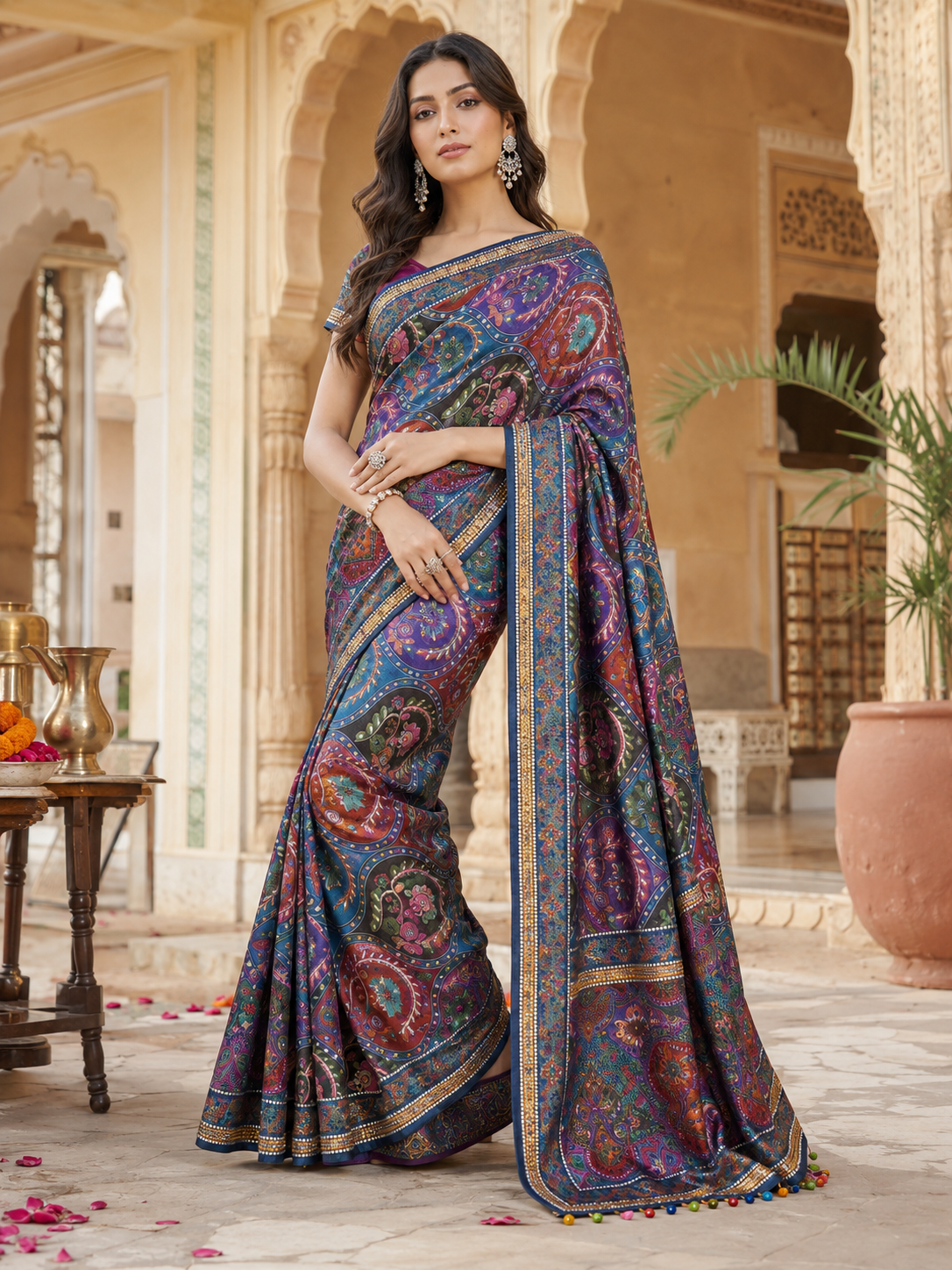 Modal Crepe Silk Mirror Work Saree With Unstitched Blouse(Purple)