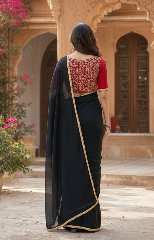 Party Wear Georgette Saree With Unstitched Blouse(Black)