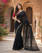 Party Wear Georgette Saree With Unstitched Blouse(Black)