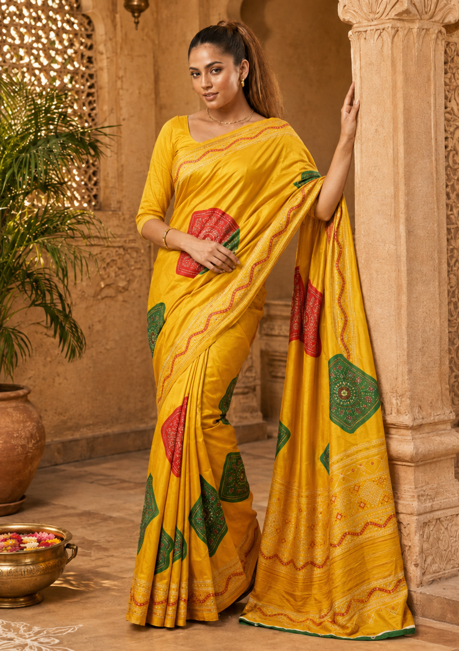 Satin Silk Printed Saree With Unstitched Blouse(Yellow)