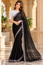 Georgette Sequin Work Saree With White Unstitched Blouse(Black)