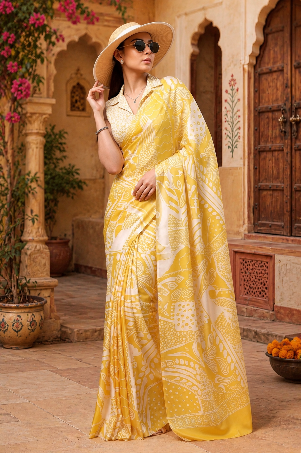 Satin Silk Party Wear Saree With Unstitched Blouse(Yellow)