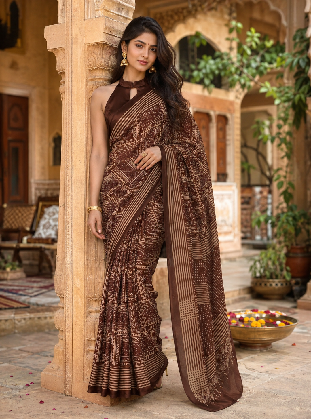 Satin Silk Printed Saree With Unstitched Blouse(Brown)