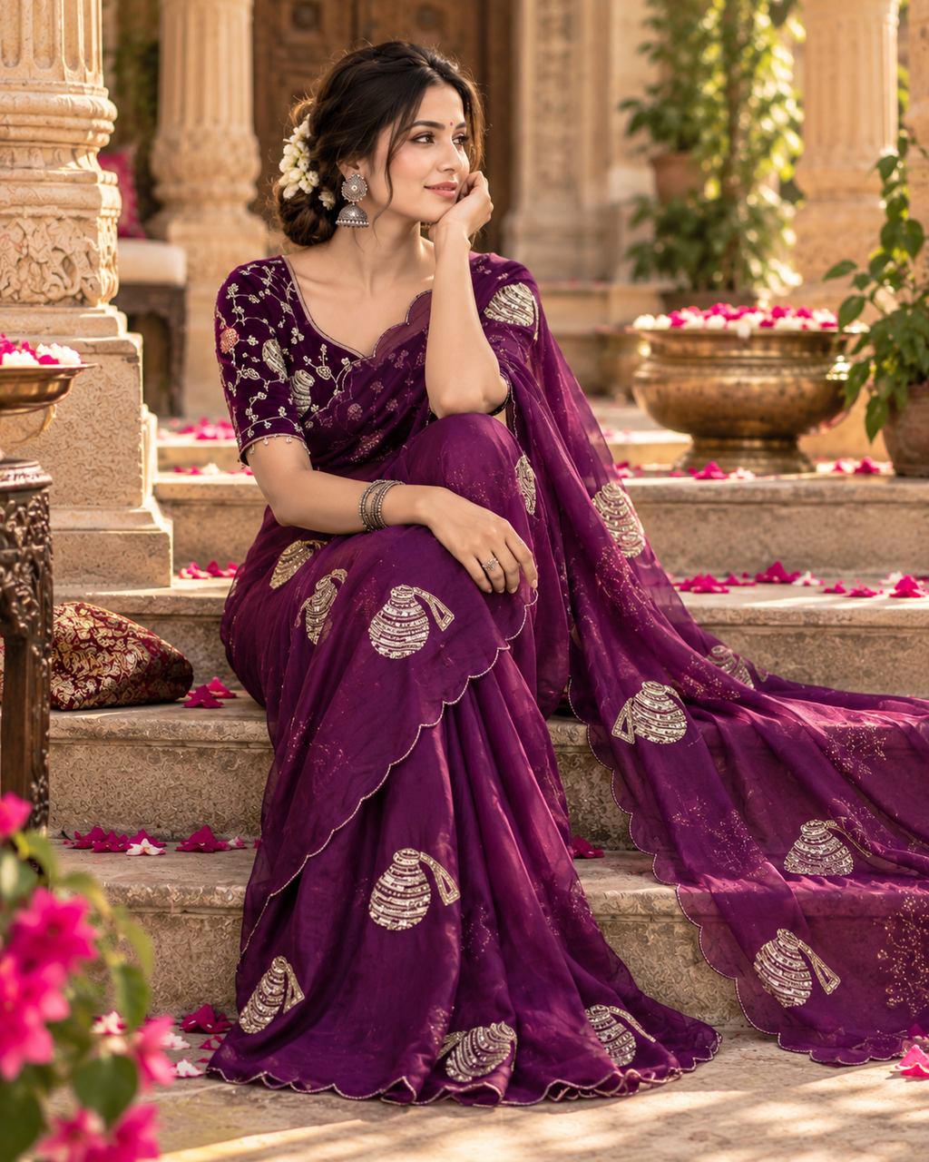 Satin Silk Border Cut Work Saree With Unstitched Blouse(Wine)