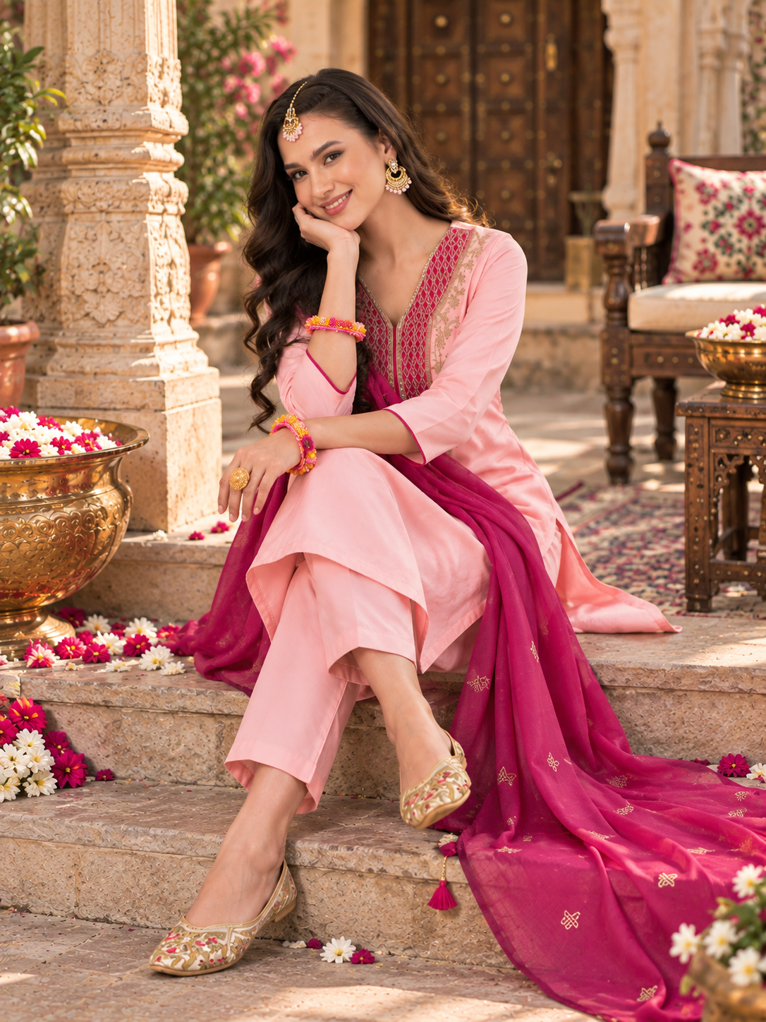 Simar Silk Party Wear Kurti Palazzo Set With Dupatta(Pink)