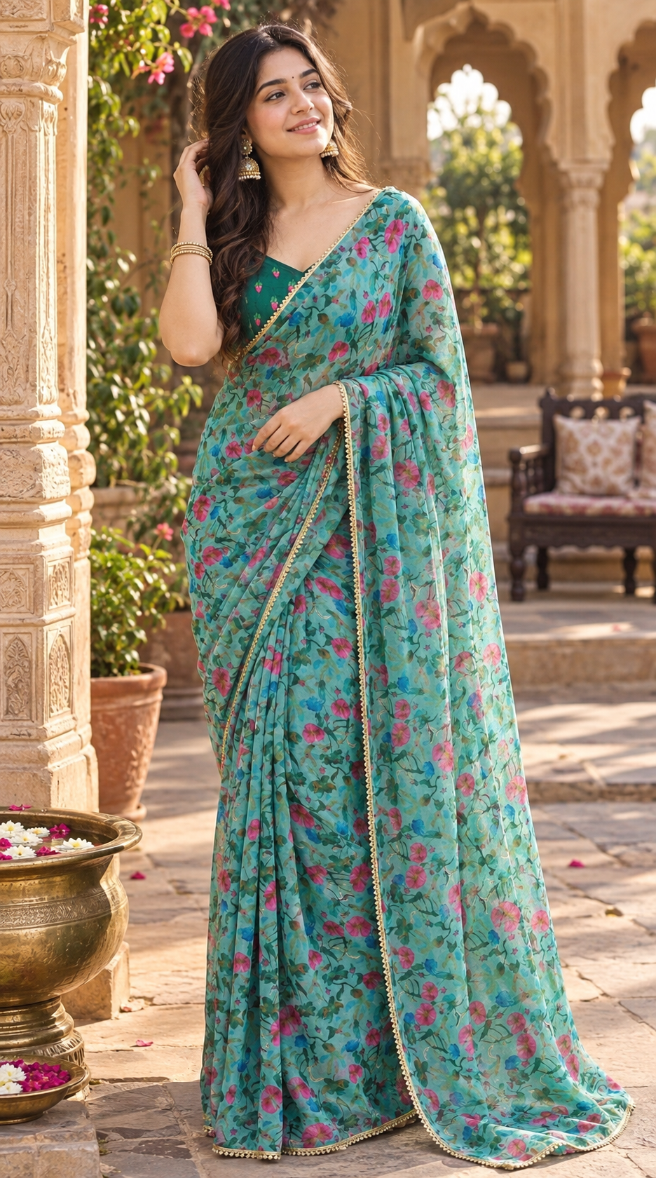 Georgette Digital Print Saree With Unstitched Blouse(Green)