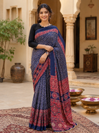 Premium Satin Silk Ajrarakh Print Saree with Unstitched Blouse(Blue)
