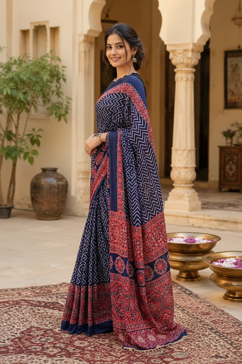 Premium Satin Silk Ajrarakh Print Saree with Unstitched Blouse(Blue)