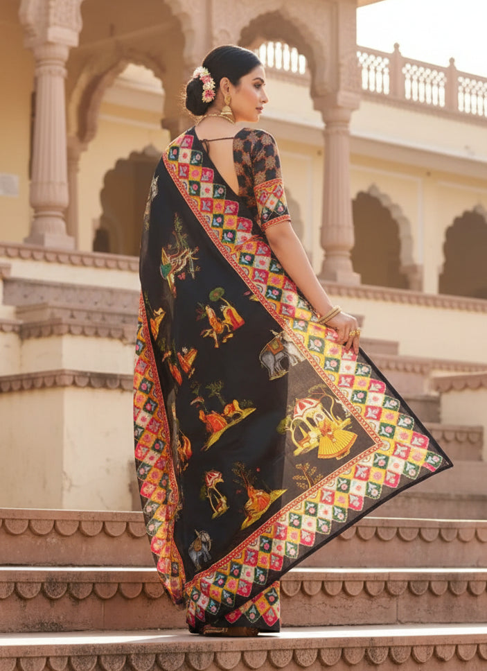 Satin Silk Pichwai Print Saree With Unstitched Blouse(Black)