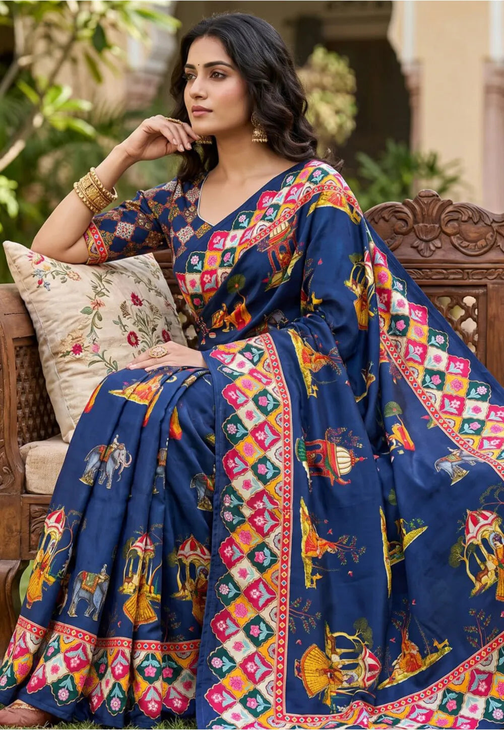 Satin Silk Pichwai Print Saree With Unstitched Blouse(Blue)