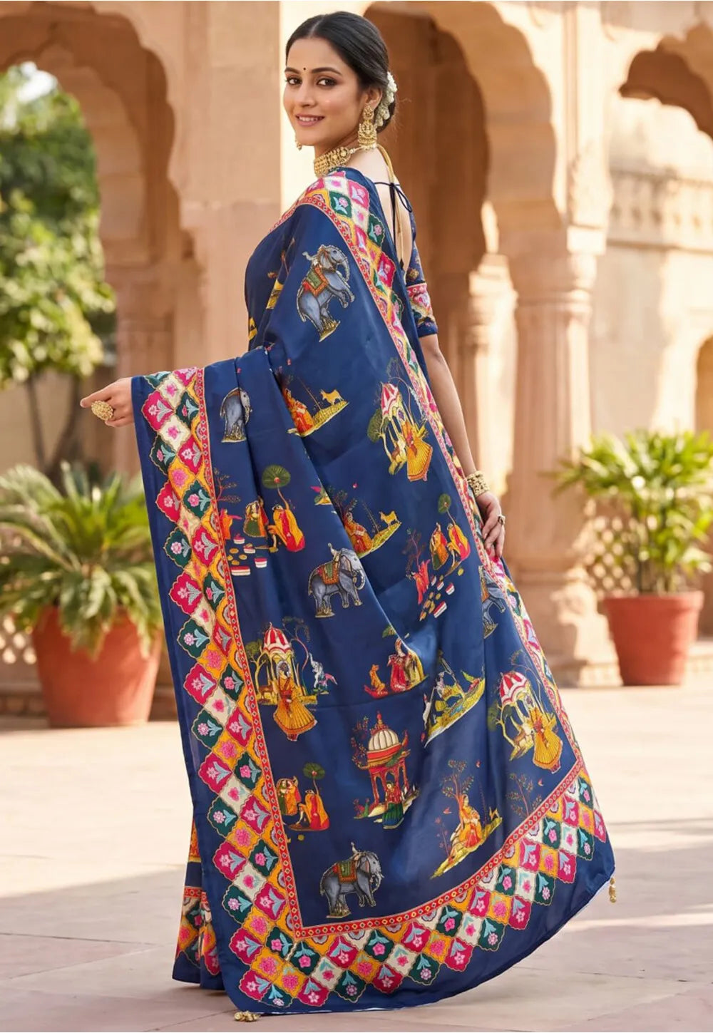Satin Silk Pichwai Print Saree With Unstitched Blouse(Blue)
