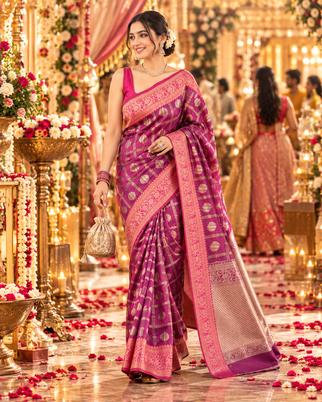 Banarasi Silk Saree Golder Zari Border With Unstitched Blouse(Wine)