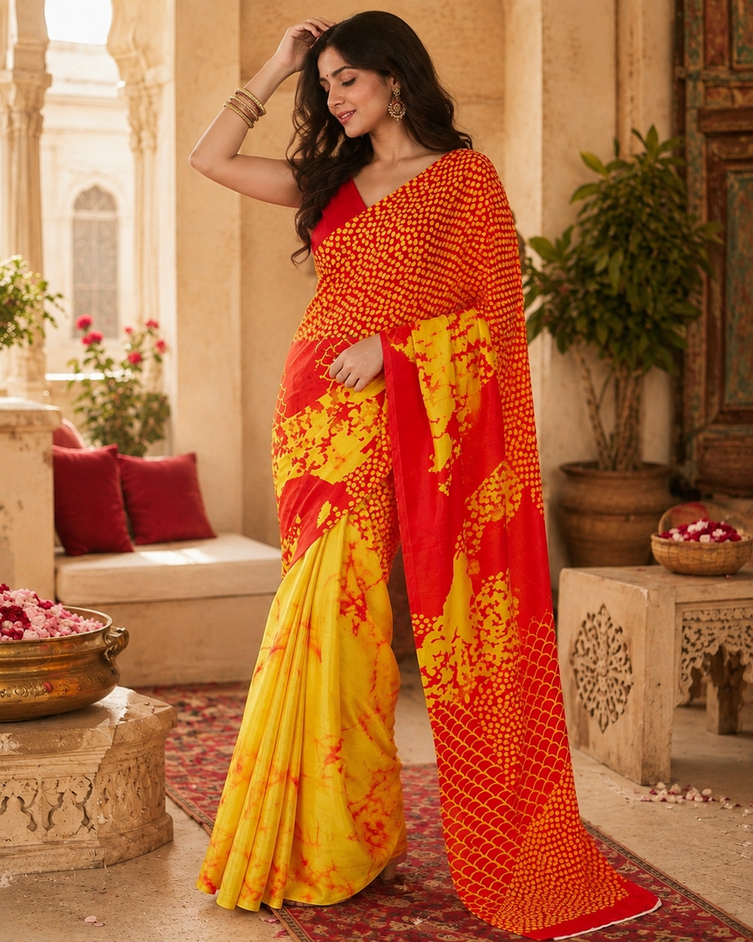 Satin Silk Printed Saree With Unstitched Blouse(Red)