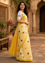 Soft Pure Mulmul Cotton Printed Saree With Unstitched Blouse(Yellow)